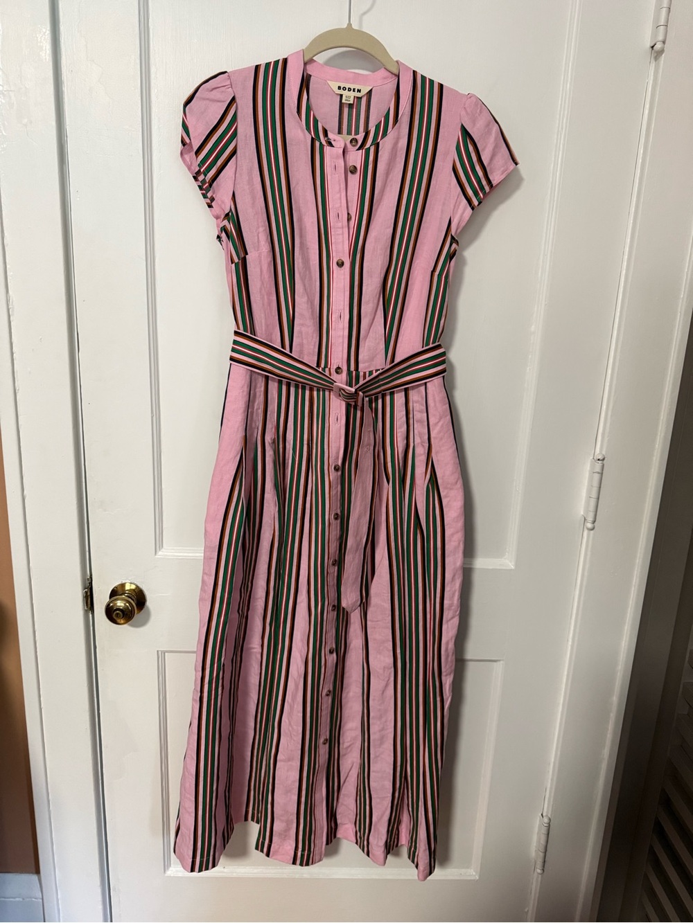 Boden Pink Striped Button Front Maxi Shirt Dress Linen Tie Belt Pockets EUC Sz 6